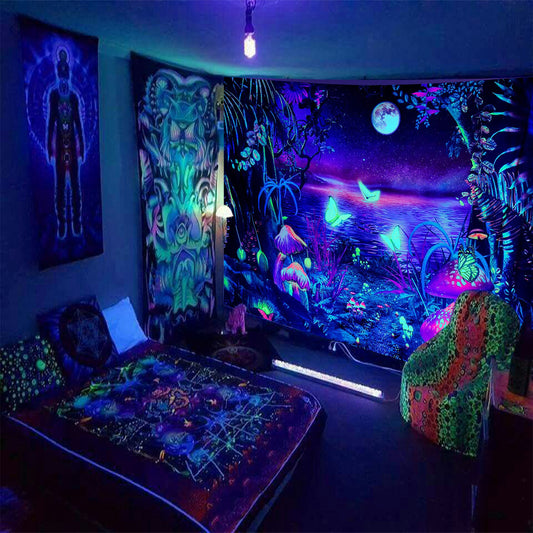 "Cosmic Realm" Astronaut Skull & Mushroom Tapestry – Dreamy Space Wall Art - Nova glow 